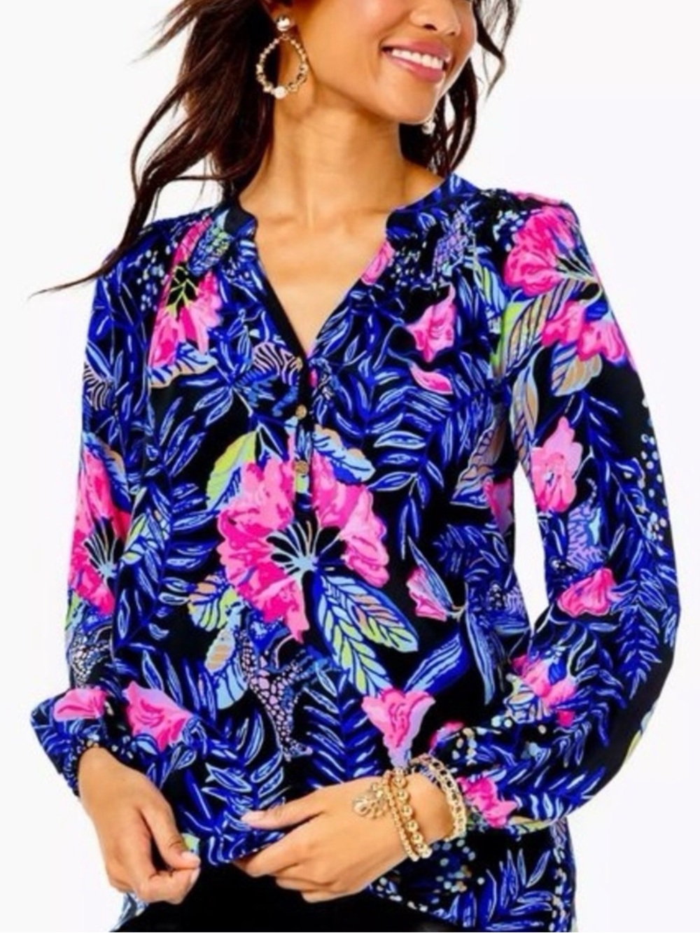 Lilly Pulitzer Elsa Silk Top Black Pink Floral Blouse Size Medium